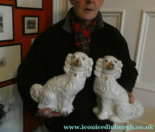 Load image into Gallery viewer, LARGE Staffordshire Dogs Chimney Spaniels / Wally Dugs. 12 1/2 inches. ANTIQUE PAIR with yellow painted eyes; 1880
