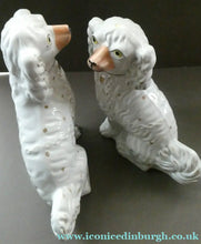 Load image into Gallery viewer, LARGE Staffordshire Dogs Chimney Spaniels / Wally Dugs. 12 1/2 inches. ANTIQUE PAIR with yellow painted eyes; 1880
