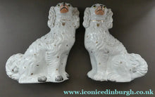 Load image into Gallery viewer, LARGE Staffordshire Dogs Chimney Spaniels / Wally Dugs. 12 1/2 inches. ANTIQUE PAIR with yellow painted eyes; 1880

