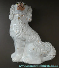 Load image into Gallery viewer, LARGE Staffordshire Dogs Chimney Spaniels / Wally Dugs. 12 1/2 inches. ANTIQUE PAIR with yellow painted eyes; 1880
