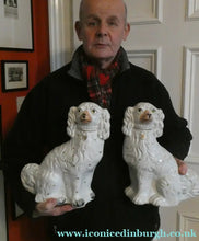Load image into Gallery viewer, LARGE Staffordshire Dogs Chimney Spaniels / Wally Dugs. 12 1/2 inches. ANTIQUE PAIR with yellow painted eyes; 1880
