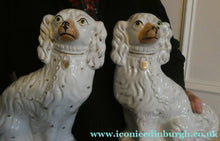 Load image into Gallery viewer, LARGE Staffordshire Dogs Chimney Spaniels / Wally Dugs. 12 1/2 inches. ANTIQUE PAIR with yellow painted eyes; 1880
