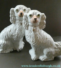 Load image into Gallery viewer, LARGE Staffordshire Dogs Chimney Spaniels / Wally Dugs. 12 1/2 inches. ANTIQUE PAIR with yellow painted eyes; 1880
