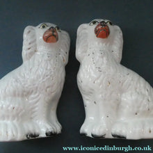 Load image into Gallery viewer, Staffordshire Dogs Chimney Spaniels / Wally Dugs. 8 1/2 inches. ANTIQUE PAIR with painted yellow eyes; c1880

