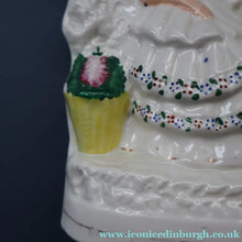 Load image into Gallery viewer, ANTIQUE Victorian 1880s Staffordshire Figurine. Courting Couple Sitting Underneath the Arch of a Bough Holding a Yellow Bird
