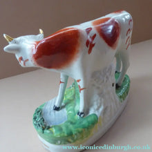 Load image into Gallery viewer, Genuine ANTIQUE STAFFORDSHIRE Figurine. Woman / Milkmaid with Large Cow by a Stream; 1880s
