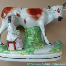 Load image into Gallery viewer, Genuine ANTIQUE STAFFORDSHIRE Figurine. Woman / Milkmaid with Large Cow by a Stream; 1880s
