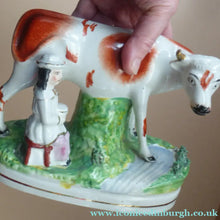 Load image into Gallery viewer, Genuine ANTIQUE STAFFORDSHIRE Figurine. Woman / Milkmaid with Large Cow by a Stream; 1880s
