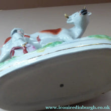 Load image into Gallery viewer, Genuine ANTIQUE STAFFORDSHIRE Figurine. Woman / Milkmaid with Large Cow by a Stream; 1880s

