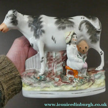 Load image into Gallery viewer, Genuine ANTIQUE STAFFORDSHIRE Figurine. Woman / Milkmaid with Large Cow; 1880s

