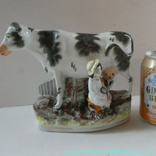 Load image into Gallery viewer, Genuine ANTIQUE STAFFORDSHIRE Figurine. Woman / Milkmaid with Large Cow; 1880s
