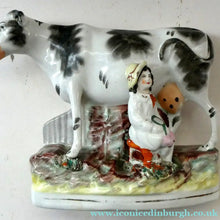 Load image into Gallery viewer, Genuine ANTIQUE STAFFORDSHIRE Figurine. Woman / Milkmaid with Large Cow; 1880s
