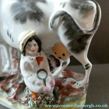 Load image into Gallery viewer, Genuine ANTIQUE STAFFORDSHIRE Figurine. Woman / Milkmaid with Large Cow; 1880s
