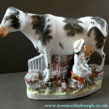 Load image into Gallery viewer, Genuine ANTIQUE STAFFORDSHIRE Figurine. Woman / Milkmaid with Large Cow; 1880s
