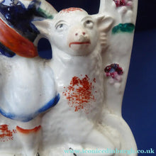 Load image into Gallery viewer, ANTIQUE Victorian 1880s Staffordshire Figurine. Pretty Little Shepherdess with Lamb Seated Under a Fruiting Bough
