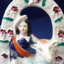 Load image into Gallery viewer, ANTIQUE Victorian 1880s Staffordshire Figurine. Pretty Little Shepherdess with Lamb Seated Under a Fruiting Bough
