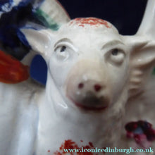 Load image into Gallery viewer, ANTIQUE Victorian 1880s Staffordshire Figurine. Pretty Little Shepherdess with Lamb Seated Under a Fruiting Bough
