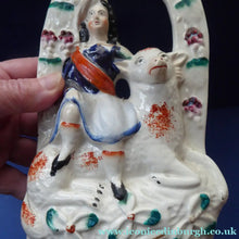 Load image into Gallery viewer, ANTIQUE Victorian 1880s Staffordshire Figurine. Pretty Little Shepherdess with Lamb Seated Under a Fruiting Bough
