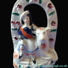 Load image into Gallery viewer, ANTIQUE Victorian 1880s Staffordshire Figurine. Pretty Little Shepherdess with Lamb Seated Under a Fruiting Bough
