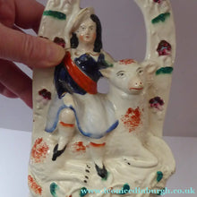 Load image into Gallery viewer, ANTIQUE Victorian 1880s Staffordshire Figurine. Pretty Little Shepherdess with Lamb Seated Under a Fruiting Bough
