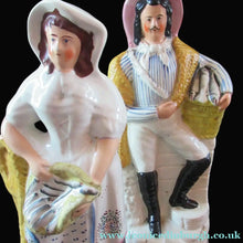 Load image into Gallery viewer, Pair of Victorian Antique Staffordshire Figures: Fishwife and Fisherman. Matched Pair
