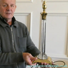 Load image into Gallery viewer, Antique Victorian OSLER Corintian Table Lamp with Brass Base and Capital and Fluted Crystal Upstand Section. SIGNED

