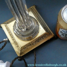 Load image into Gallery viewer, Antique Victorian OSLER Corintian Table Lamp with Brass Base and Capital and Fluted Crystal Upstand Section. SIGNED
