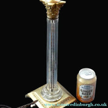 Load image into Gallery viewer, Antique Victorian OSLER Corintian Table Lamp with Brass Base and Capital and Fluted Crystal Upstand Section. SIGNED
