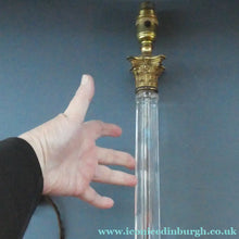 Load image into Gallery viewer, Antique Victorian OSLER Corintian Table Lamp with Brass Base and Capital and Fluted Crystal Upstand Section. SIGNED
