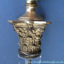 Load image into Gallery viewer, Antique Victorian OSLER Corintian Table Lamp with Brass Base and Capital and Fluted Crystal Upstand Section. SIGNED
