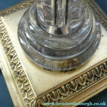 Load image into Gallery viewer, Antique Victorian OSLER Corintian Table Lamp with Brass Base and Capital and Fluted Crystal Upstand Section. SIGNED
