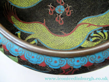 Load image into Gallery viewer, Antique 1900s Chinese Cloisonne Bowl with Yellow Dragon and Flaming Pearl
