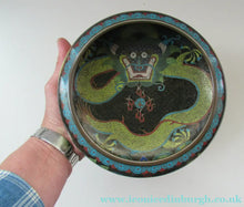 Load image into Gallery viewer, Antique 1900s Chinese Cloisonne Bowl with Yellow Dragon and Flaming Pearl
