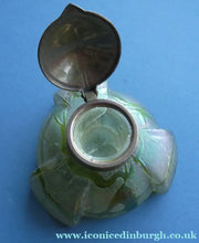Load image into Gallery viewer, Beautiful Art Nouveau / Jugendstil Kralik Glass PAMPAS Inkwell with Lustre and Green Trail Bands, and Brass Hinged Lid
