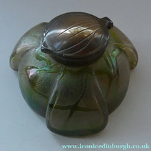Load image into Gallery viewer, Beautiful Art Nouveau / Jugendstil Kralik Glass PAMPAS Inkwell with Lustre and Green Trail Bands, and Brass Hinged Lid

