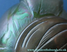Load image into Gallery viewer, Beautiful Art Nouveau / Jugendstil Kralik Glass PAMPAS Inkwell with Lustre and Green Trail Bands, and Brass Hinged Lid
