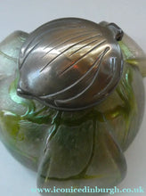 Load image into Gallery viewer, Beautiful Art Nouveau / Jugendstil Kralik Glass PAMPAS Inkwell with Lustre and Green Trail Bands, and Brass Hinged Lid

