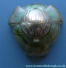 Load image into Gallery viewer, Beautiful Art Nouveau / Jugendstil Kralik Glass PAMPAS Inkwell with Lustre and Green Trail Bands, and Brass Hinged Lid
