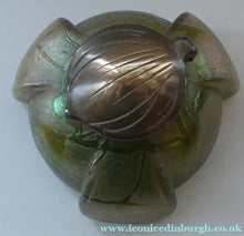 Load image into Gallery viewer, Beautiful Art Nouveau / Jugendstil Kralik Glass PAMPAS Inkwell with Lustre and Green Trail Bands, and Brass Hinged Lid
