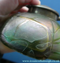 Load image into Gallery viewer, Beautiful Art Nouveau / Jugendstil Kralik Glass PAMPAS Inkwell with Lustre and Green Trail Bands, and Brass Hinged Lid
