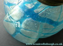 Load image into Gallery viewer, ANTIQUE Art Nouveau / Jugendstil Kralik Glass Inkwell with Lustre and Turquoise Blue Trail Bands, and Brass Hinged Lid
