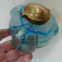 Load image into Gallery viewer, ANTIQUE Art Nouveau / Jugendstil Kralik Glass Inkwell with Lustre and Turquoise Blue Trail Bands, and Brass Hinged Lid
