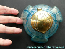 Load image into Gallery viewer, ANTIQUE Art Nouveau / Jugendstil Kralik Glass Inkwell with Lustre and Turquoise Blue Trail Bands, and Brass Hinged Lid
