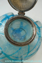 Load image into Gallery viewer, ANTIQUE Art Nouveau / Jugendstil Kralik Glass Inkwell with Lustre and Turquoise Blue Trail Bands, and Brass Hinged Lid
