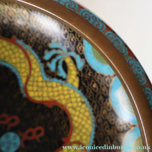 Load image into Gallery viewer, SMALLER Antique Chinese Cloisonne Shallow Bowl with Five-Toed Dragon and Flaming Pearl. 5 1/2 inches
