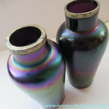 Load image into Gallery viewer, Miniature Art Nouveau Iridescent Glass Match Pair of Vases with Enamel Flower Decoration
