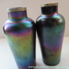 Load image into Gallery viewer, Miniature Art Nouveau Iridescent Glass Match Pair of Vases with Enamel Flower Decoration
