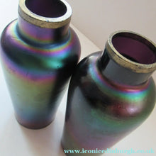 Load image into Gallery viewer, Miniature Art Nouveau Iridescent Glass Match Pair of Vases with Enamel Flower Decoration
