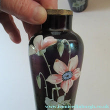 Load image into Gallery viewer, Miniature Art Nouveau Iridescent Glass Match Pair of Vases with Enamel Flower Decoration
