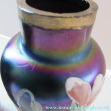 Load image into Gallery viewer, Miniature Art Nouveau Iridescent Glass Match Pair of Vases with Enamel Flower Decoration
